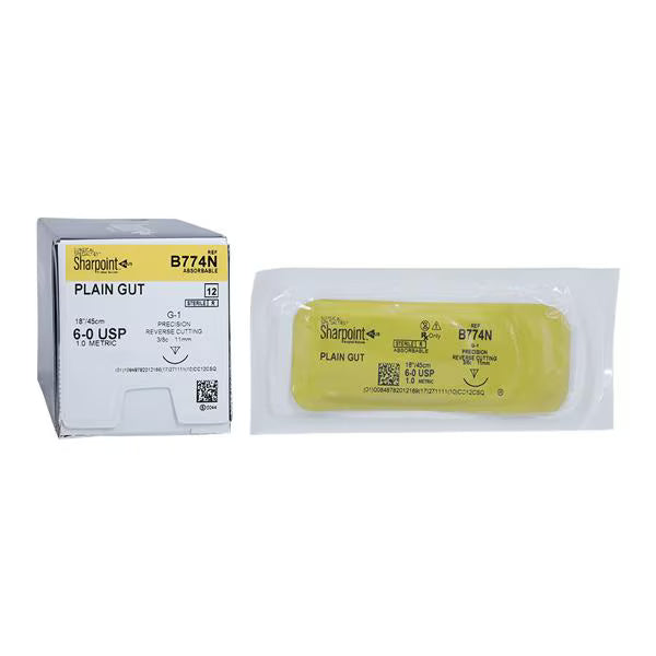 6-0 Absorbable Plain Gut Undyed Suture 18", G-1 Reverse Cutting Needle, Sharpoint