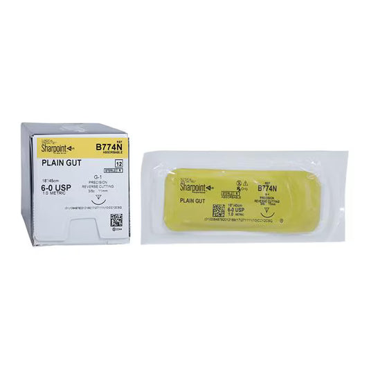 6-0 Absorbable Plain Gut Undyed Suture 18", G-1 Reverse Cutting Needle, Sharpoint