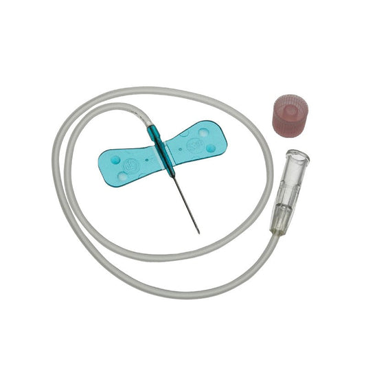 The MedPharma USA Winged InfsSet is an infusion set with a blue winged handle, transparent tubing, and 23g needle linked to a luer adapter. It includes a pink cap and Safety-Lock feature for security.